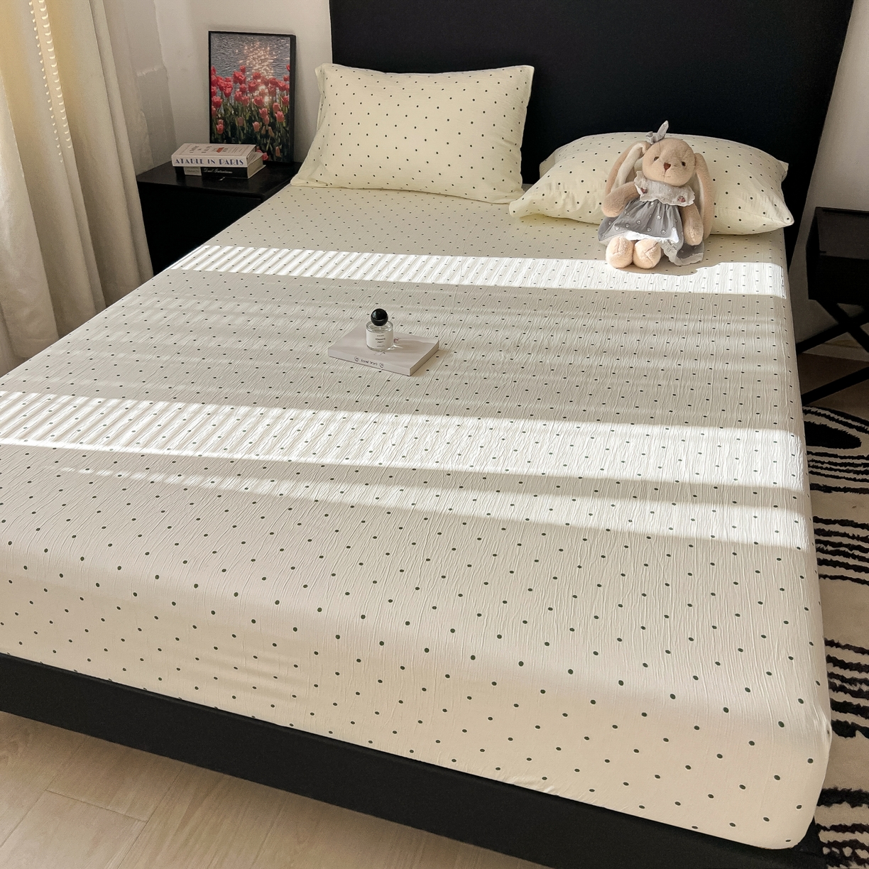 91家纺网 家纺一手货源 找家纺 韩巢家纺 2026新款三层纱单床笠热销款防滑床笠单件 小绿豆