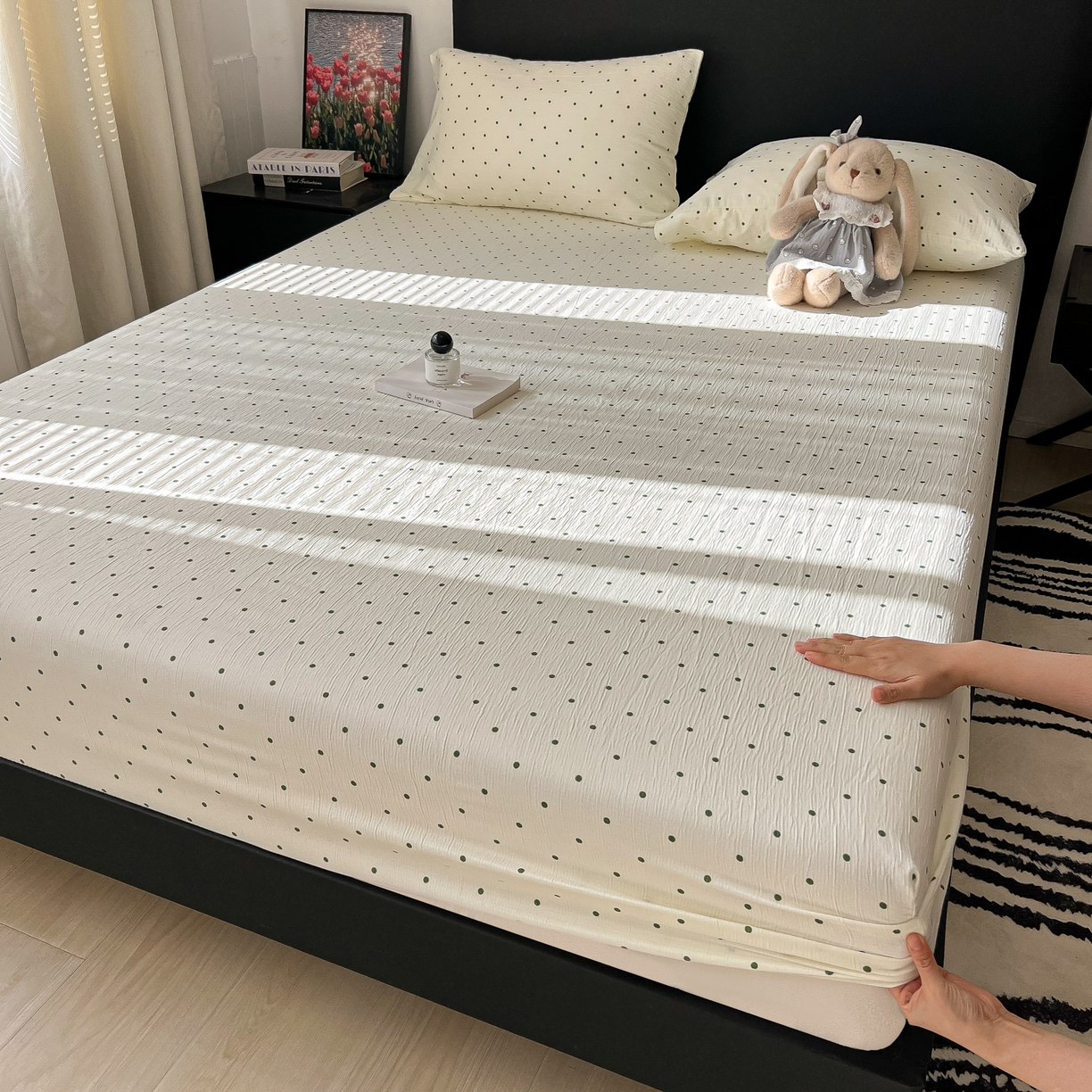 91家纺网 家纺一手货源 找家纺 韩巢家纺 2026新款三层纱单床笠热销款防滑床笠单件 小绿豆