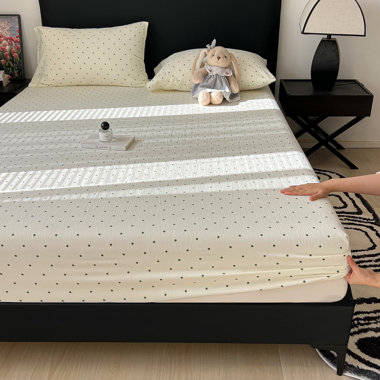 91家纺网 家纺一手货源 找家纺 韩巢家纺 2026新款三层纱单床笠热销款防滑床笠单件 小绿豆