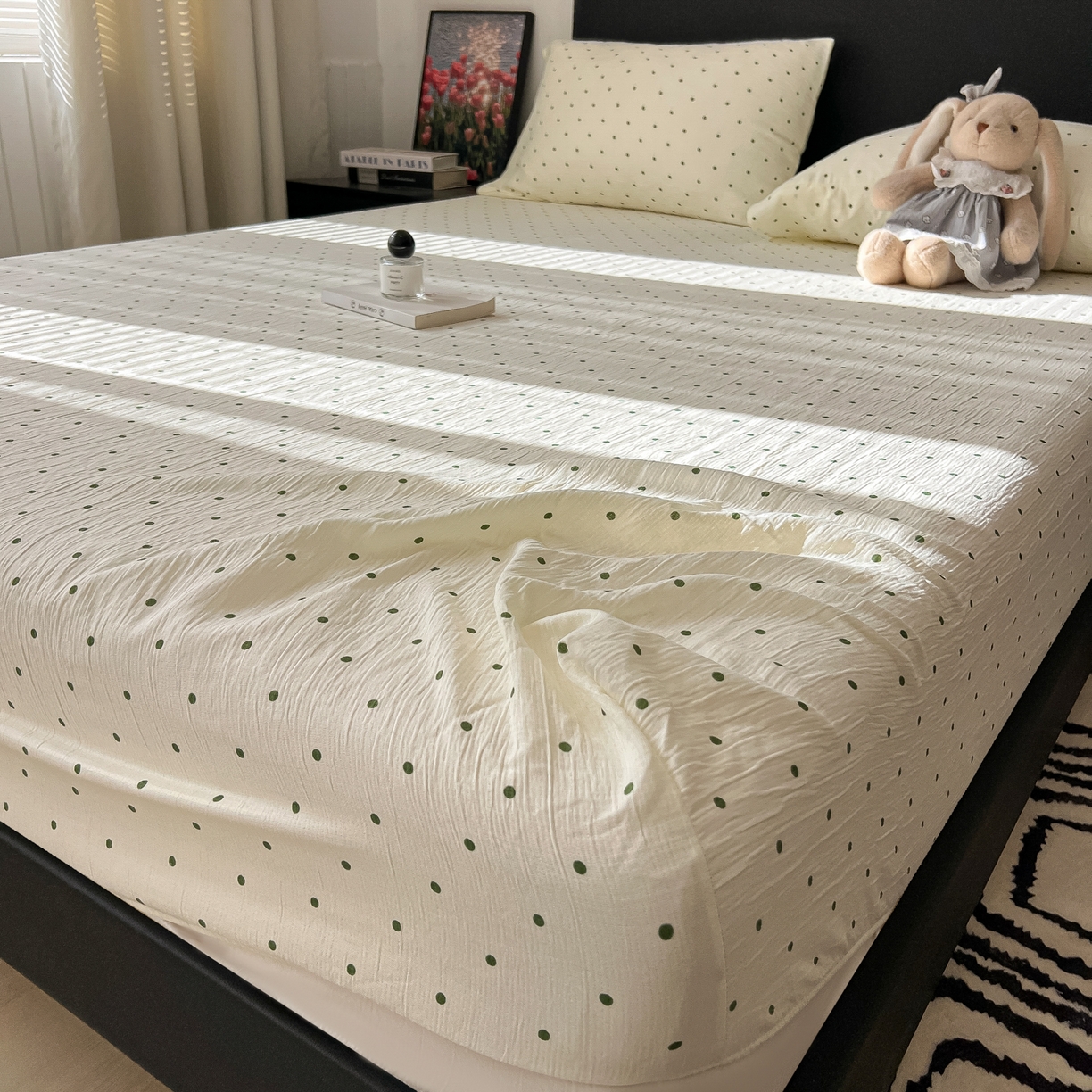 91家纺网 家纺一手货源 找家纺 韩巢家纺 2026新款三层纱单床笠热销款防滑床笠单件 小绿豆