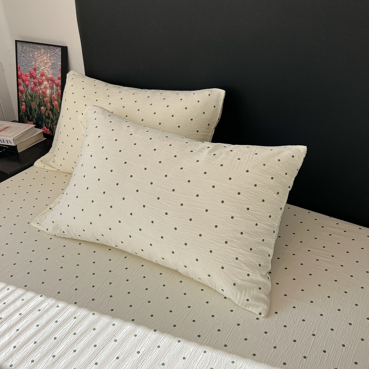 91家纺网 家纺一手货源 找家纺 韩巢家纺 2026新款三层纱单床笠热销款防滑床笠单件 小绿豆