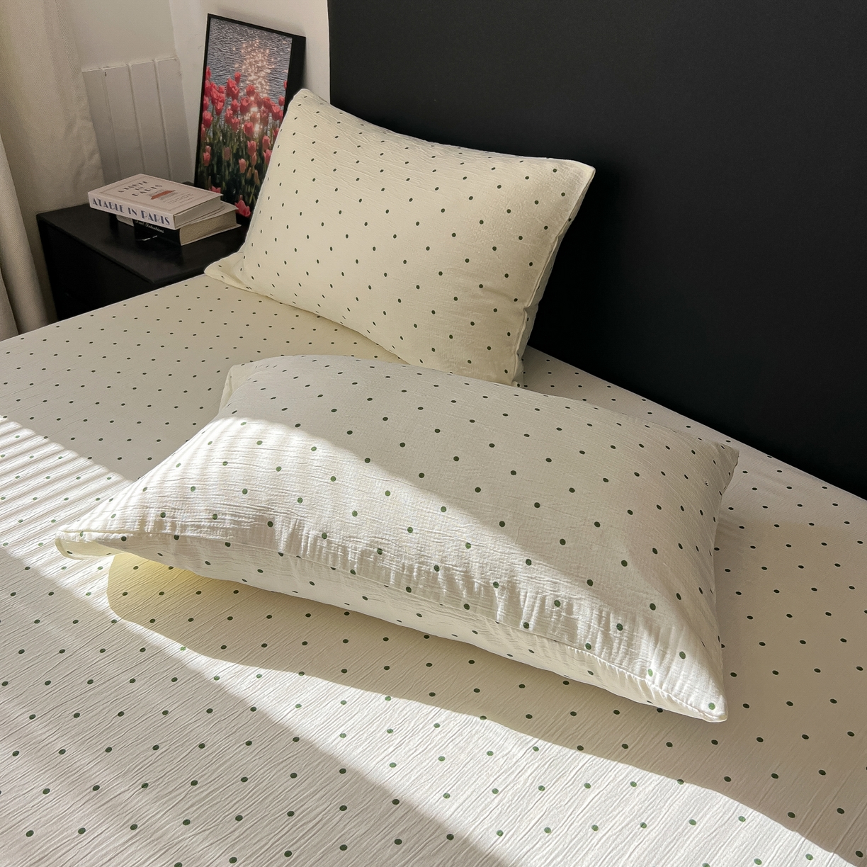 91家纺网 家纺一手货源 找家纺 韩巢家纺 2026新款三层纱单床笠热销款防滑床笠单件 小绿豆