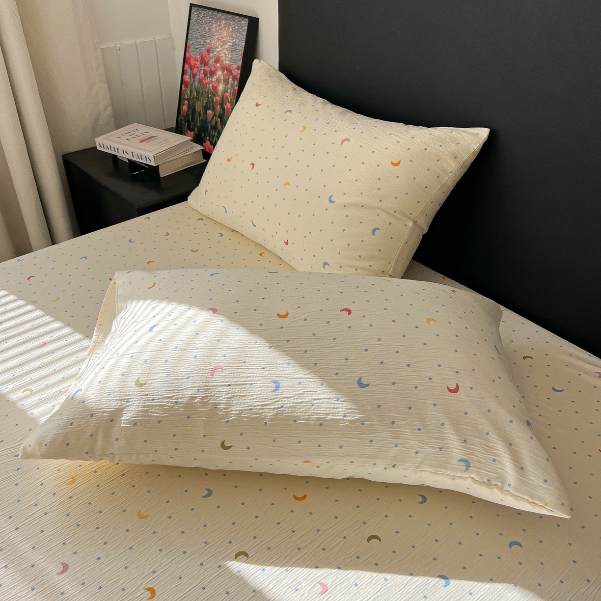 91家纺网 家纺一手货源 找家纺 韩巢家纺 2026新款三层纱单床笠热销款防滑床笠单件 星月天空