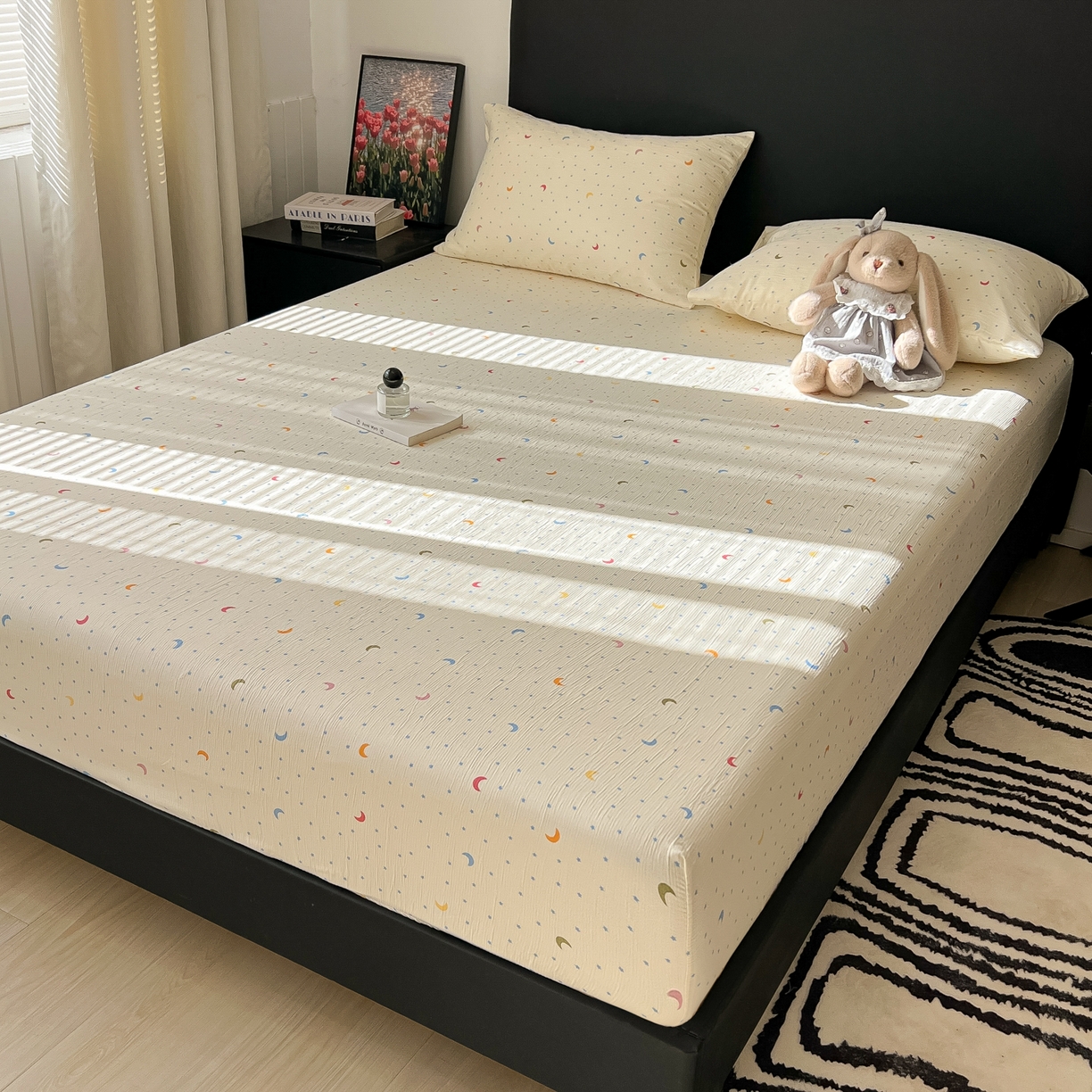 91家纺网 家纺一手货源 找家纺 韩巢家纺 2026新款三层纱单床笠热销款防滑床笠单件 星月天空