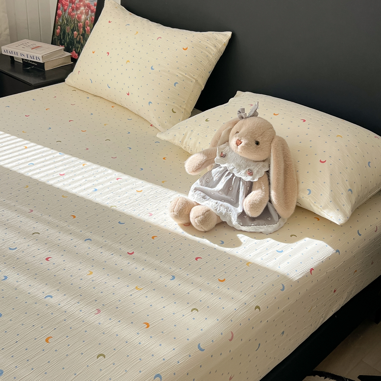 91家纺网 家纺一手货源 找家纺 韩巢家纺 2026新款三层纱单床笠热销款防滑床笠单件 星月天空