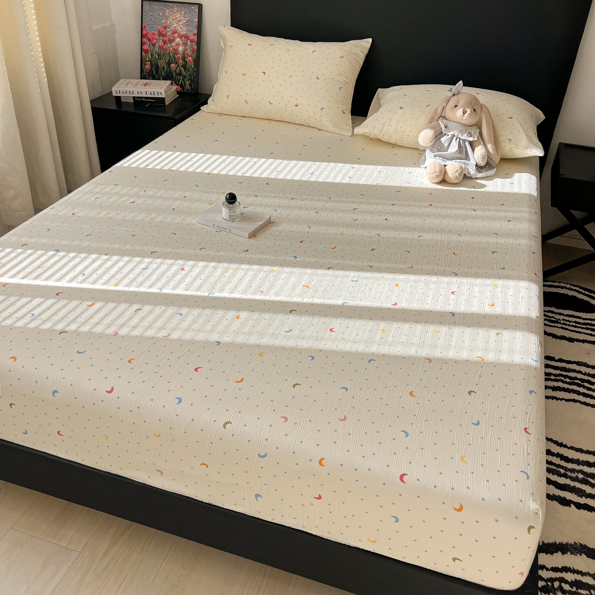 91家纺网 家纺一手货源 找家纺 韩巢家纺 2026新款三层纱单床笠热销款防滑床笠单件 星月天空