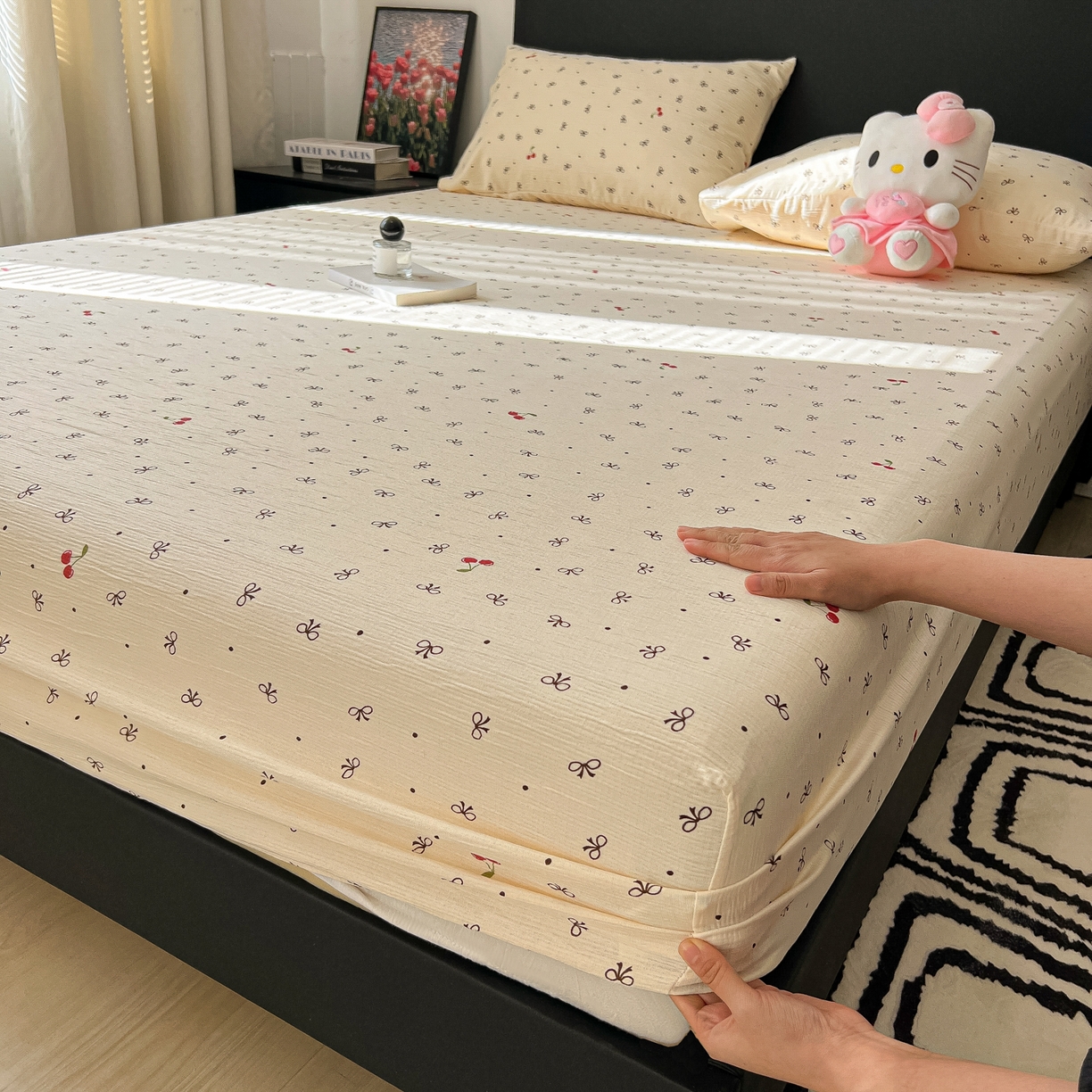 韩巢家纺 2026新款三层纱单床笠热销款防滑床笠单件 樱桃蝴蝶