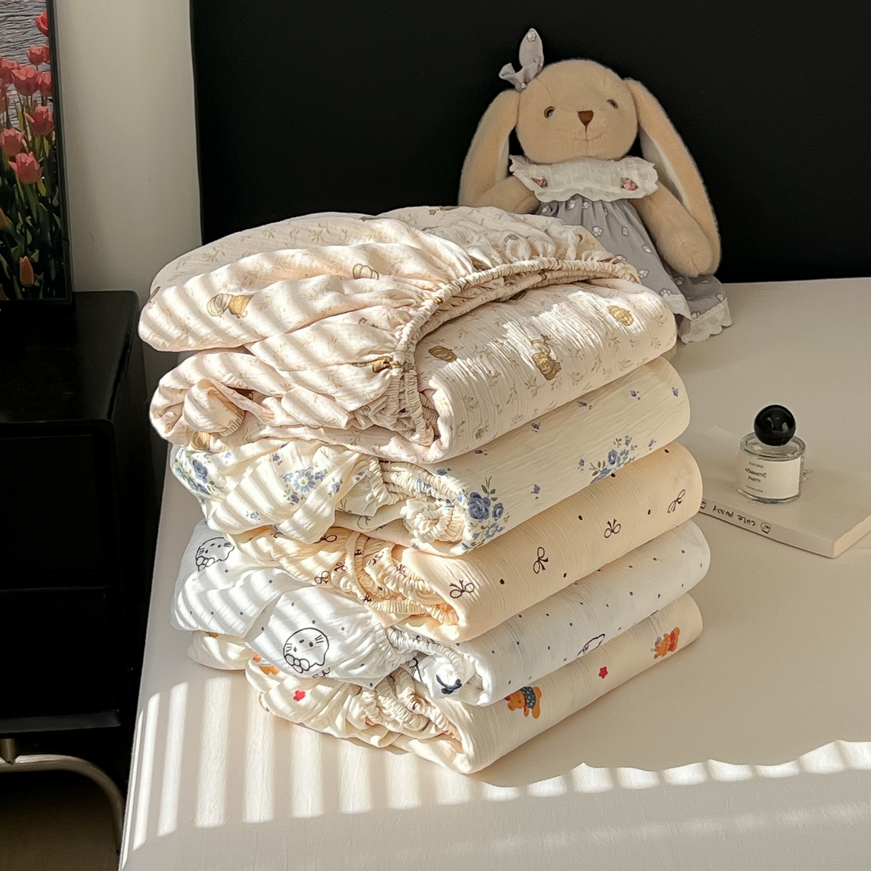 91家纺网 家纺一手货源 找家纺 韩巢家纺 2026新款三层纱单床笠热销款防滑床笠单件 组合图