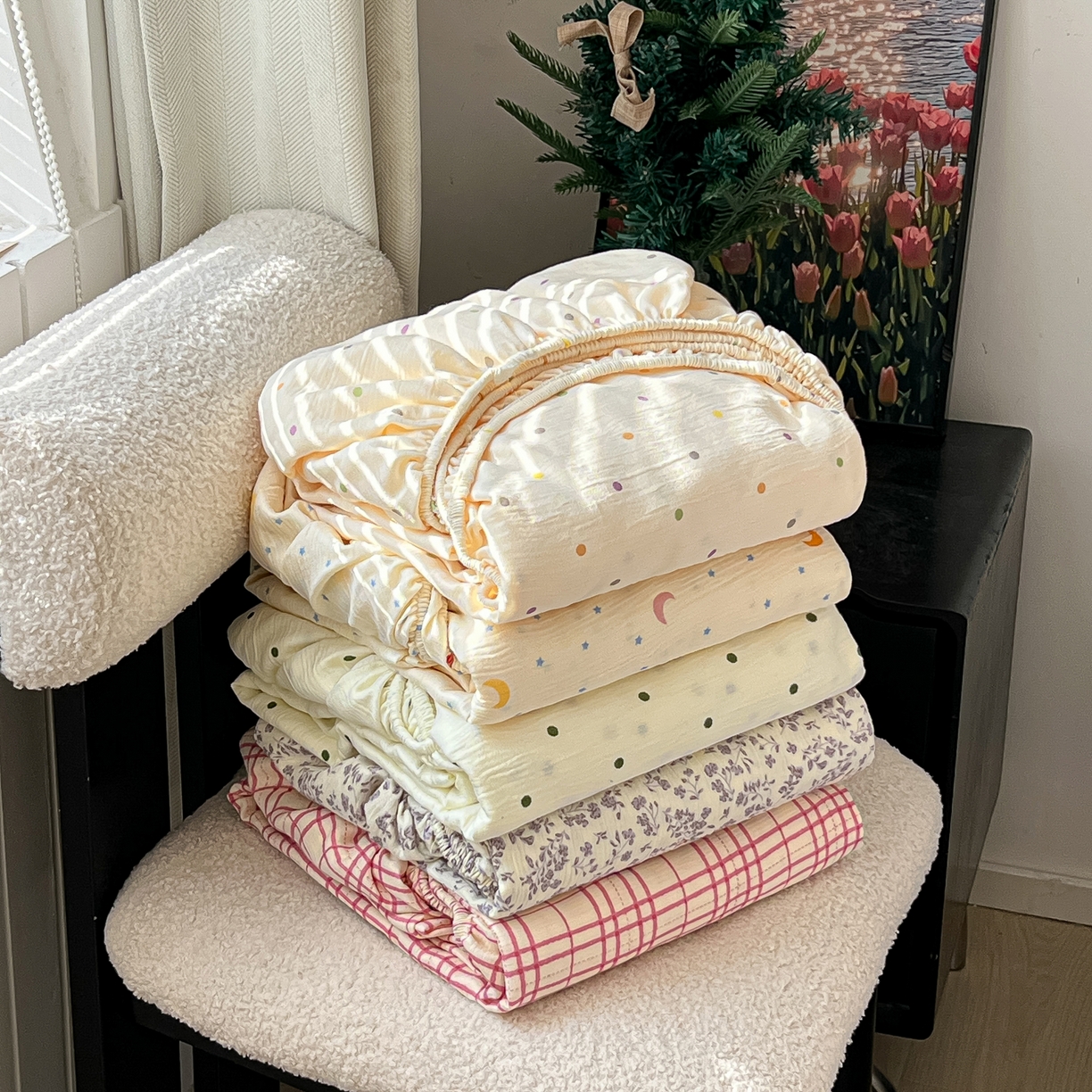 91家纺网 家纺一手货源 找家纺 韩巢家纺 2026新款三层纱单床笠热销款防滑床笠单件 组合图