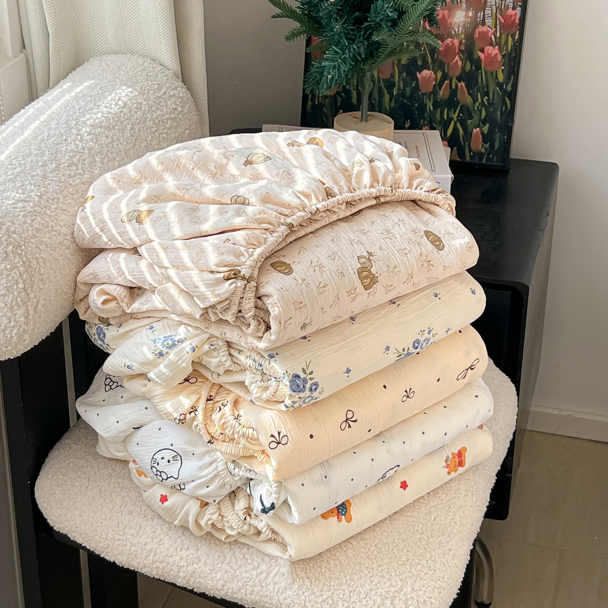 91家纺网 家纺一手货源 找家纺 韩巢家纺 2026新款三层纱单床笠热销款防滑床笠单件 组合图