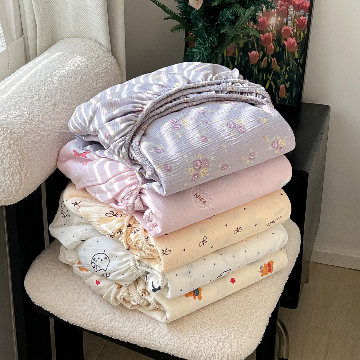 91家纺网 家纺一手货源 找家纺 韩巢家纺 2026新款三层纱单床笠热销款防滑床笠单件 组合图