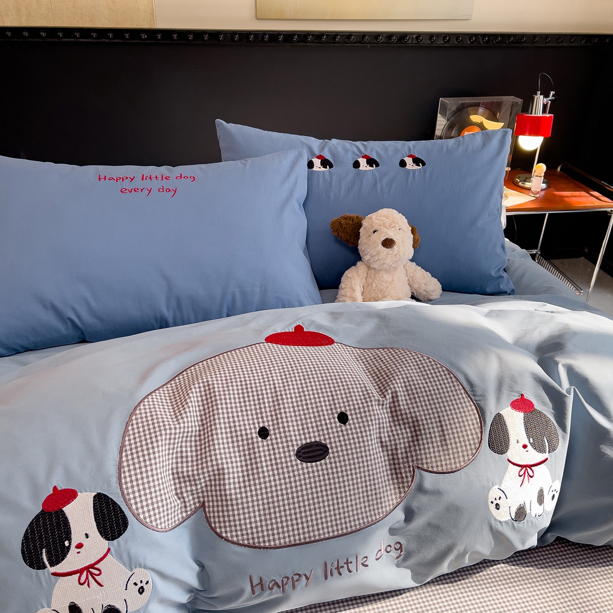 炫拼家纺 2026春夏新款A类全棉纯棉40支水洗棉卡通贴布绣刺绣纯棉四件套-卡哇系列 卡哇一汪星