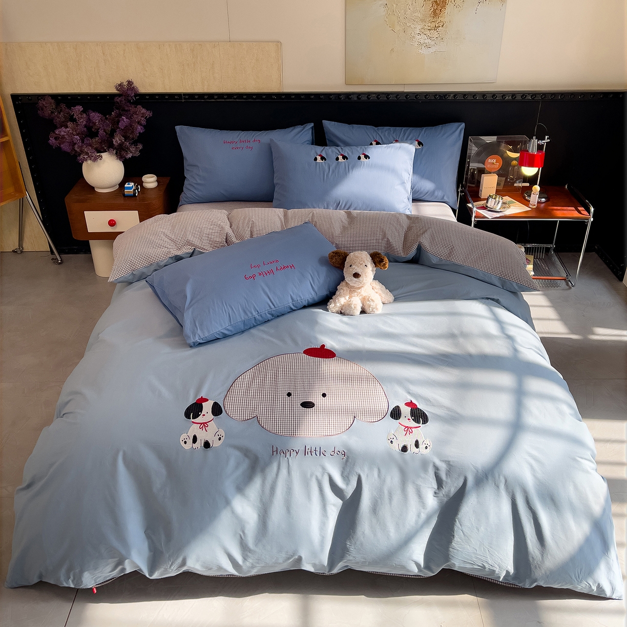 91家纺网 家纺一手货源 找家纺 炫拼家纺 2026春夏新款A类全棉纯棉40支水洗棉卡通贴布绣刺绣纯棉四件套-卡哇系列 卡哇一汪星