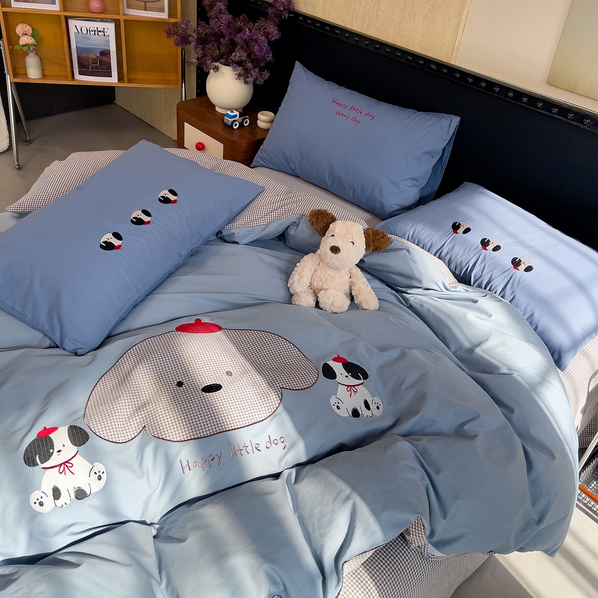 91家纺网 家纺一手货源 找家纺 炫拼家纺 2026春夏新款A类全棉纯棉40支水洗棉卡通贴布绣刺绣纯棉四件套-卡哇系列 卡哇一汪星