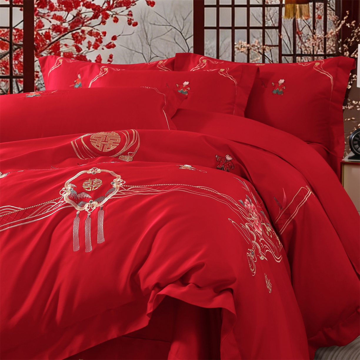 91家纺网 家纺一手货源 找家纺 （总）优姿家纺 2026新款全棉长绒棉纯棉婚庆床裙高端四件套