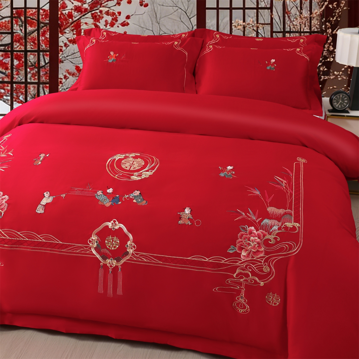 91家纺网 家纺一手货源 找家纺 （总）优姿家纺 2026新款全棉长绒棉纯棉婚庆床裙高端四件套