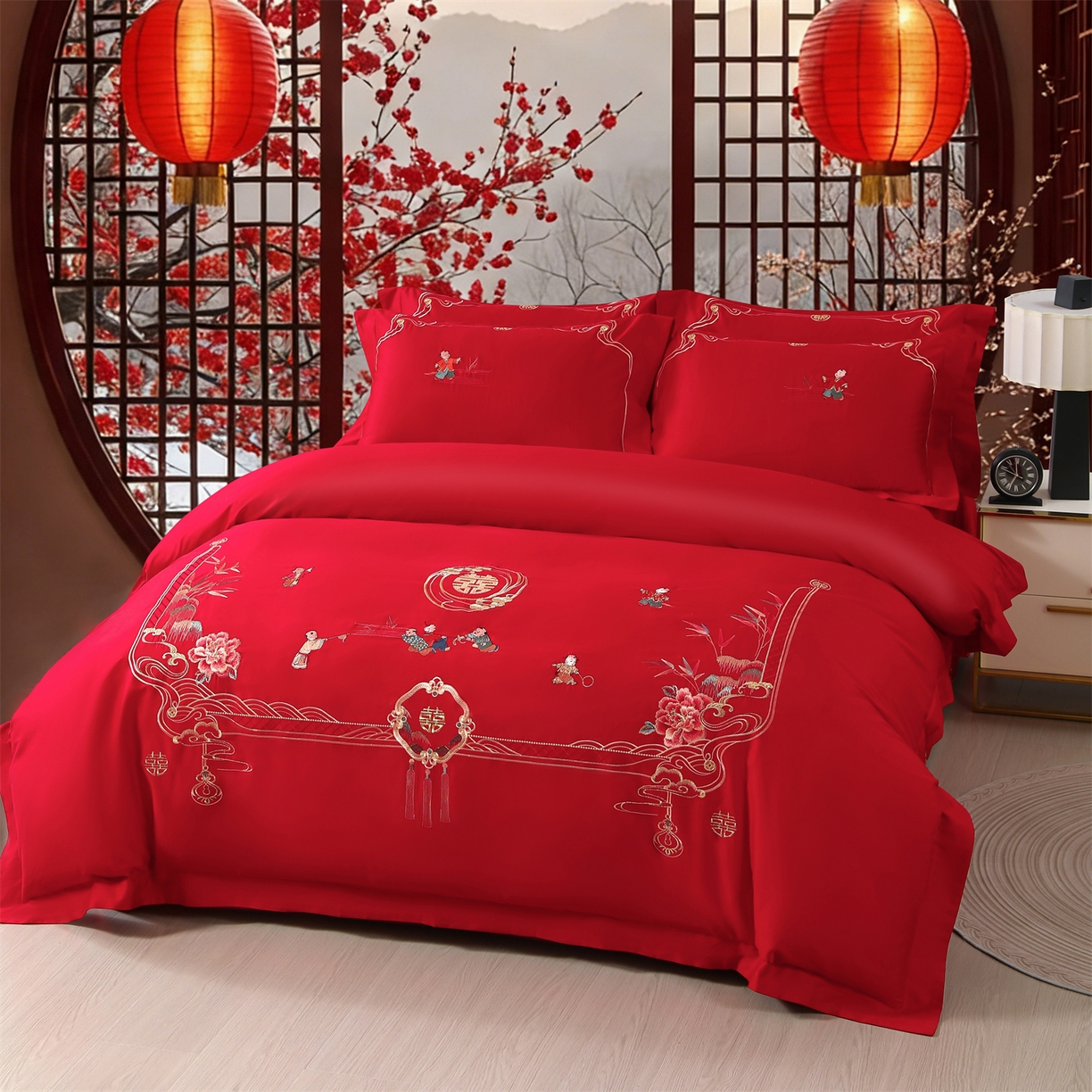 91家纺网 家纺一手货源 找家纺 （总）优姿家纺 2026新款全棉长绒棉纯棉婚庆床裙高端四件套