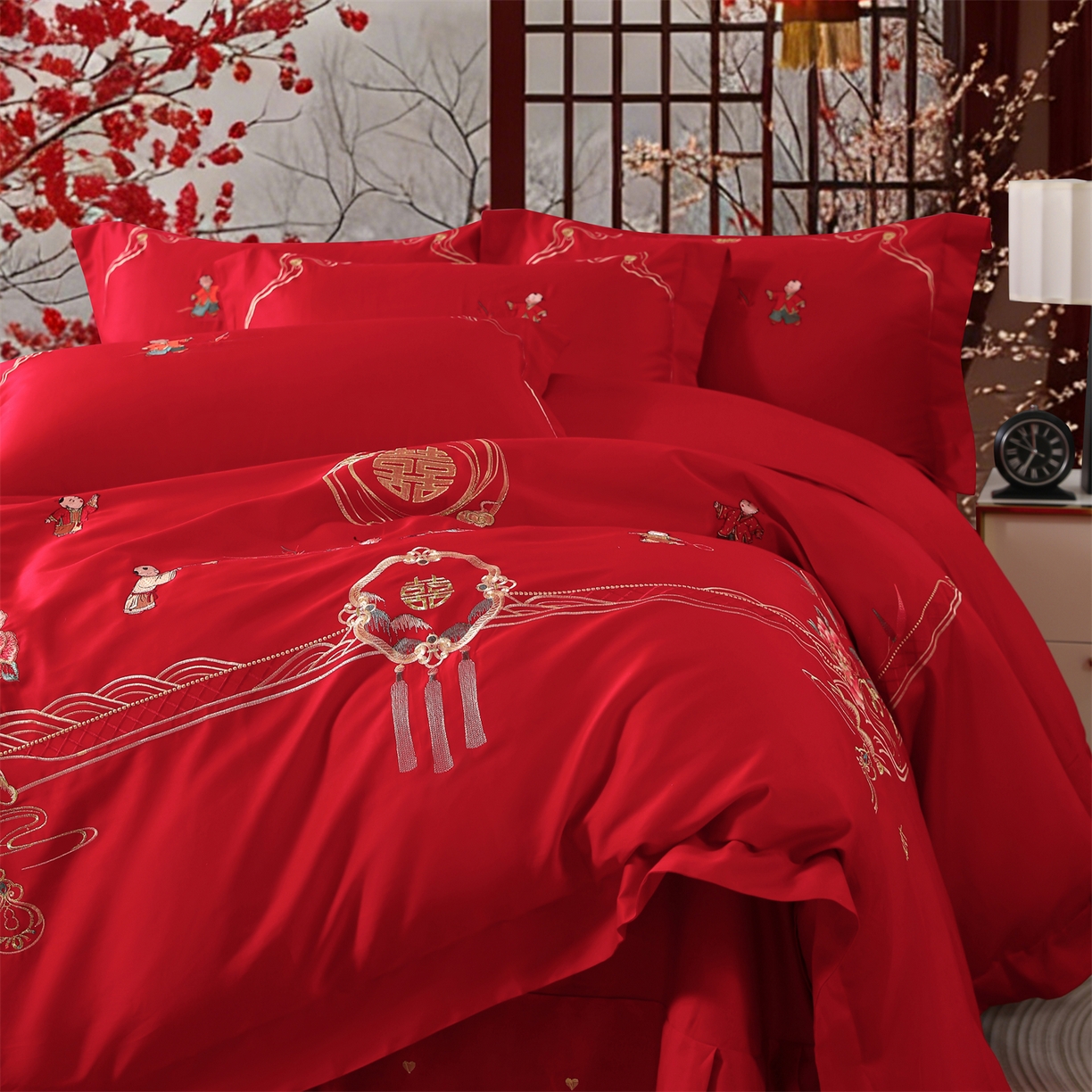 91家纺网 家纺一手货源 找家纺 优姿家纺 2026新款全棉长绒棉纯棉婚庆床裙高端四件套 子孙满堂