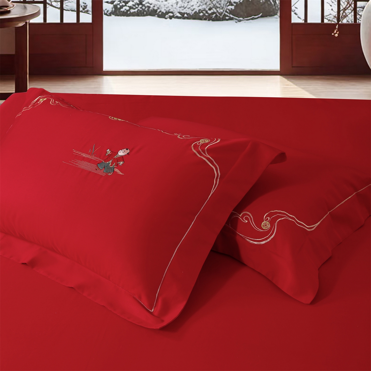 91家纺网 家纺一手货源 找家纺 优姿家纺 2026新款全棉长绒棉纯棉婚庆床裙高端四件套 子孙满堂