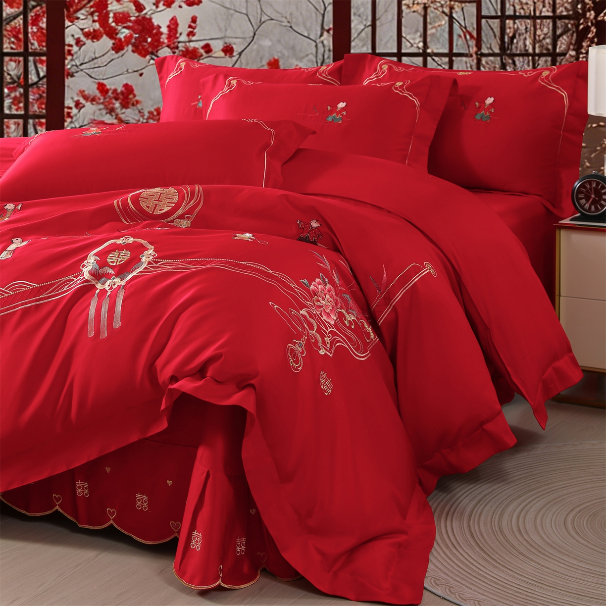 91家纺网 家纺一手货源 找家纺 优姿家纺 2026新款全棉长绒棉纯棉婚庆床裙高端四件套 子孙满堂