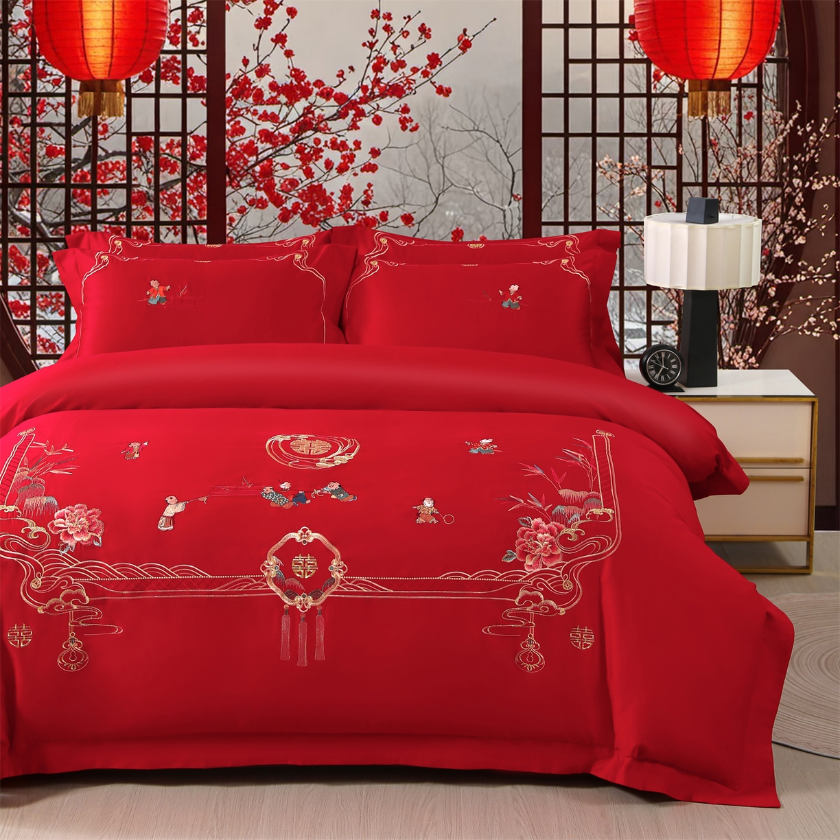 91家纺网 家纺一手货源 找家纺 优姿家纺 2026新款全棉长绒棉纯棉婚庆床裙高端四件套 子孙满堂