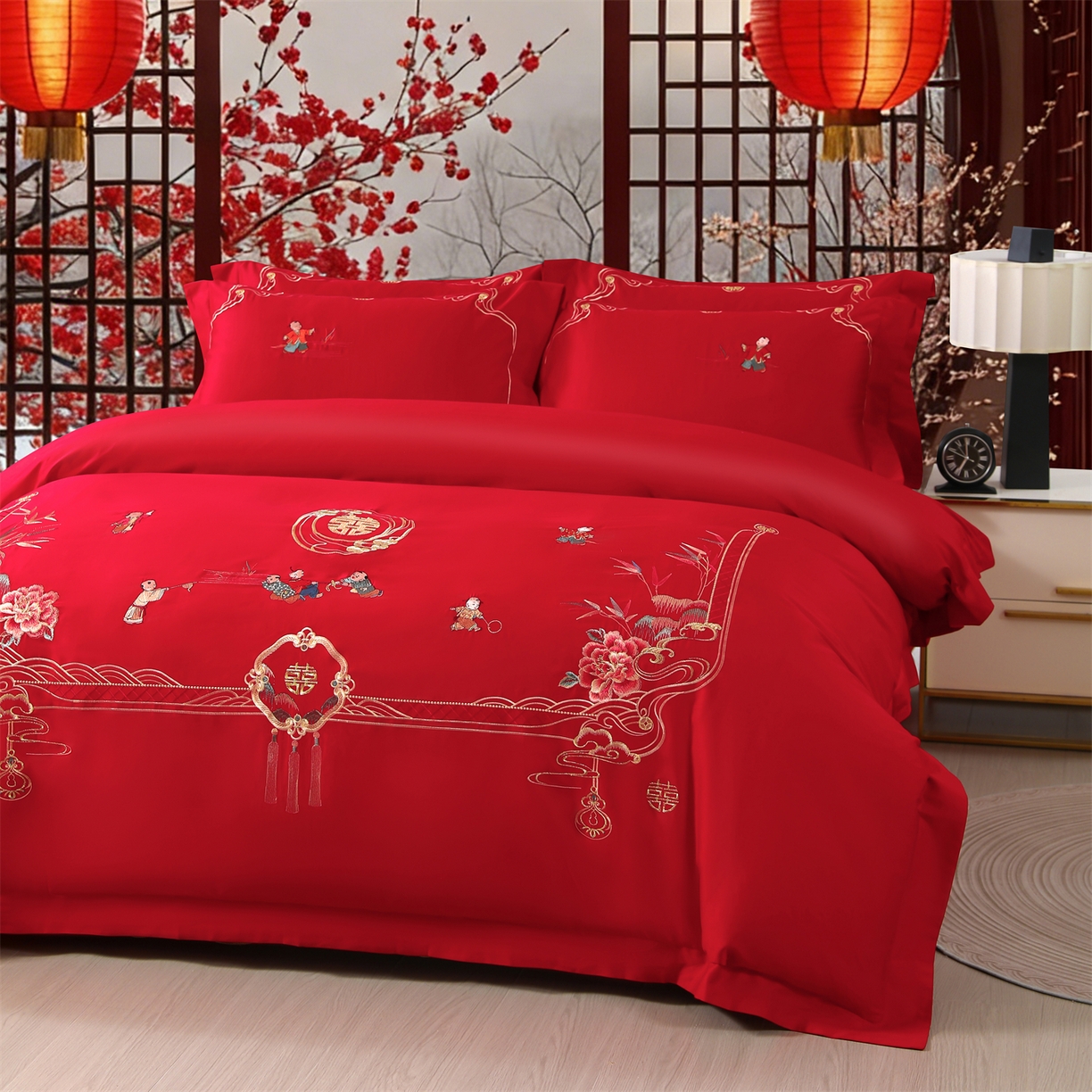 91家纺网 家纺一手货源 找家纺 优姿家纺 2026新款全棉长绒棉纯棉婚庆床裙高端四件套 子孙满堂