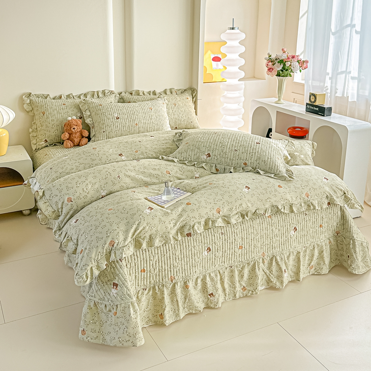 91家纺网 家纺一手货源 找家纺 梓之赫 2026春夏新款A类云感木棉双层纱夹棉床盖四件套 八宝南瓜兔