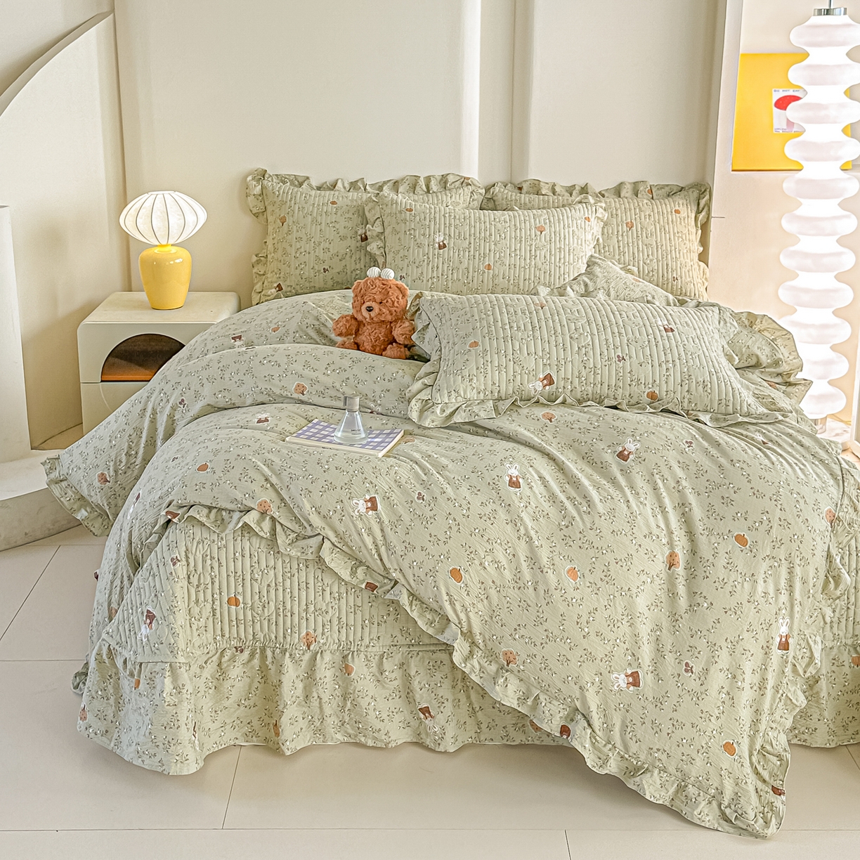 91家纺网 家纺一手货源 找家纺 梓之赫 2026春夏新款A类云感木棉双层纱夹棉床盖四件套 八宝南瓜兔