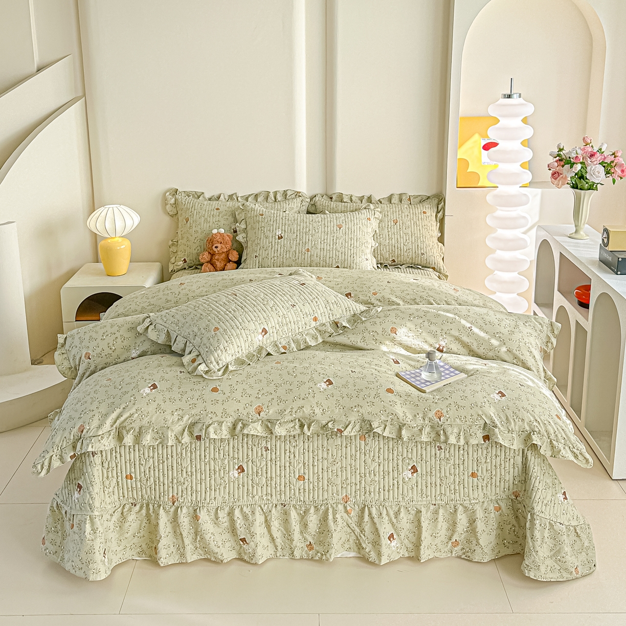 91家纺网 家纺一手货源 找家纺 梓之赫 2026春夏新款A类云感木棉双层纱夹棉床盖四件套 八宝南瓜兔