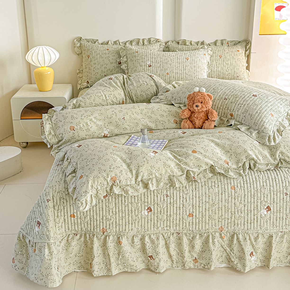 91家纺网 家纺一手货源 找家纺 梓之赫 2026春夏新款A类云感木棉双层纱夹棉床盖四件套 八宝南瓜兔