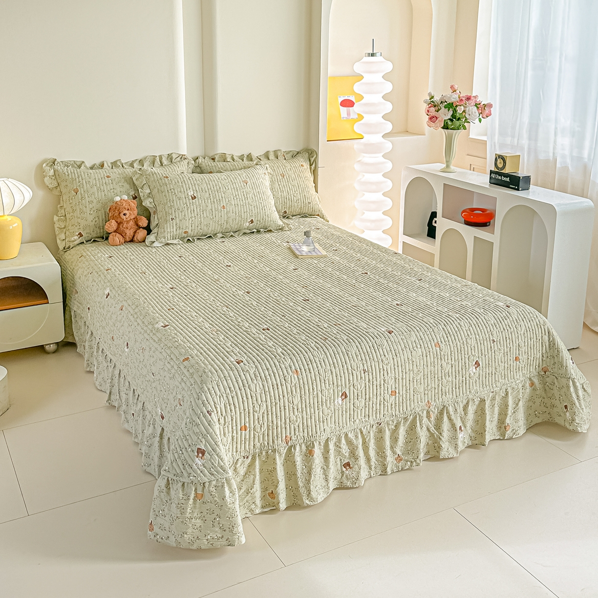 91家纺网 家纺一手货源 找家纺 梓之赫 2026春夏新款A类云感木棉双层纱夹棉床盖四件套 八宝南瓜兔