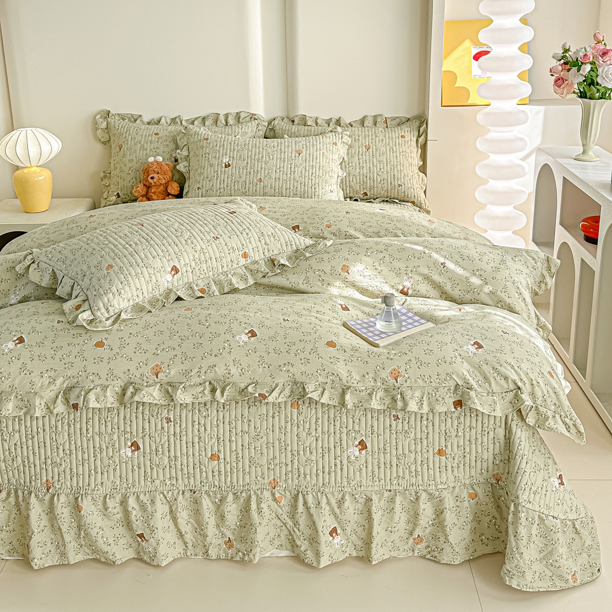 91家纺网 家纺一手货源 找家纺 梓之赫 2026春夏新款A类云感木棉双层纱夹棉床盖四件套 八宝南瓜兔