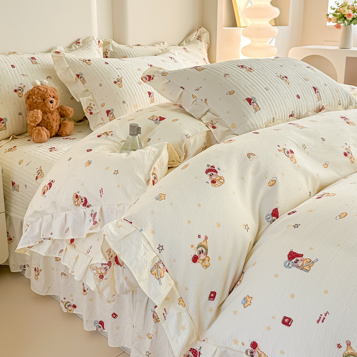 91家纺网 家纺一手货源 找家纺 梓之赫 2026春夏新款A类云感木棉双层纱夹棉床盖四件套 萌萌星星人