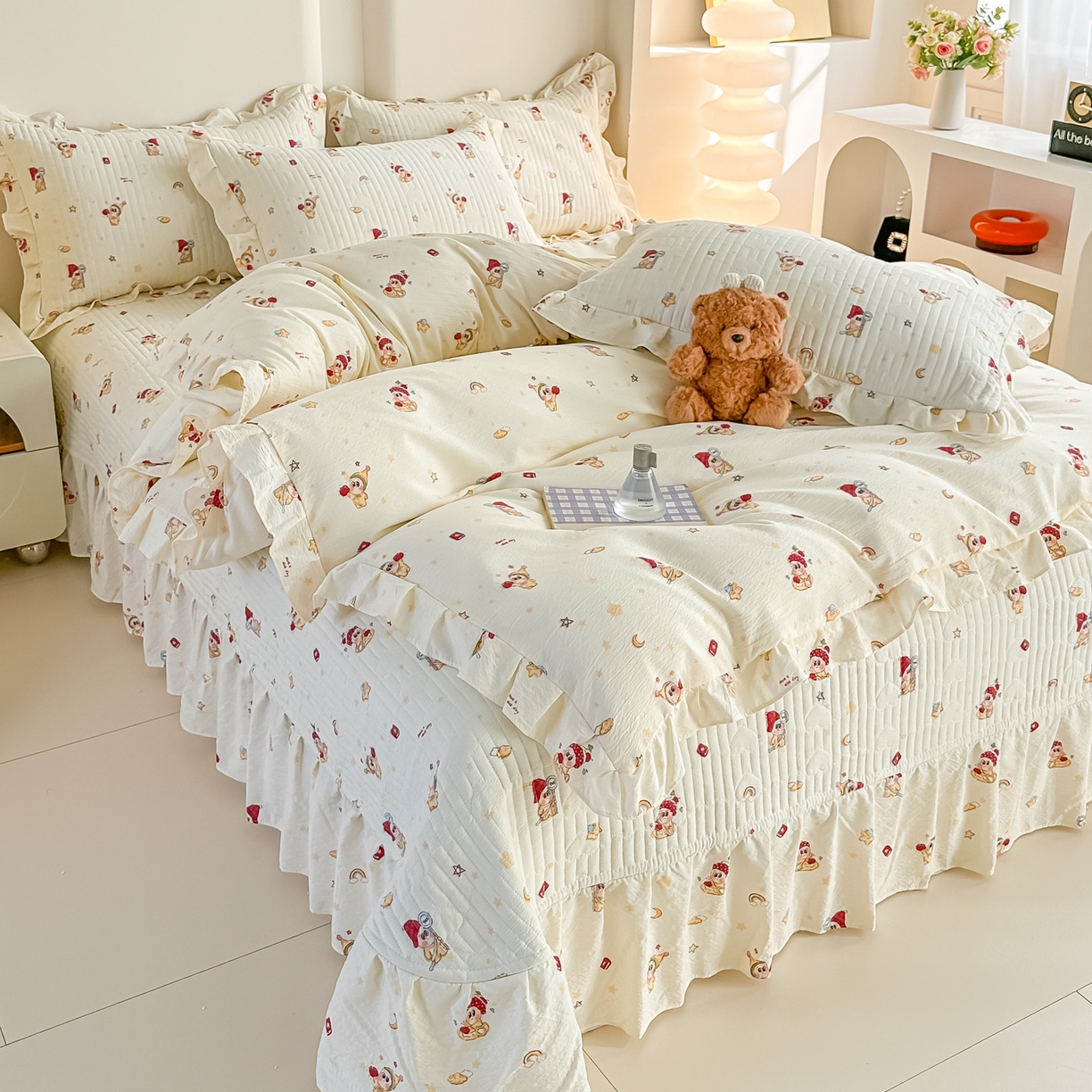 91家纺网 家纺一手货源 找家纺 梓之赫 2026春夏新款A类云感木棉双层纱夹棉床盖四件套 萌萌星星人