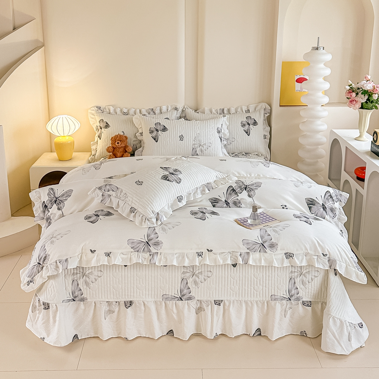 91家纺网 家纺一手货源 找家纺 梓之赫 2026春夏新款A类云感木棉双层纱夹棉床盖四件套 暮色蝴蝶