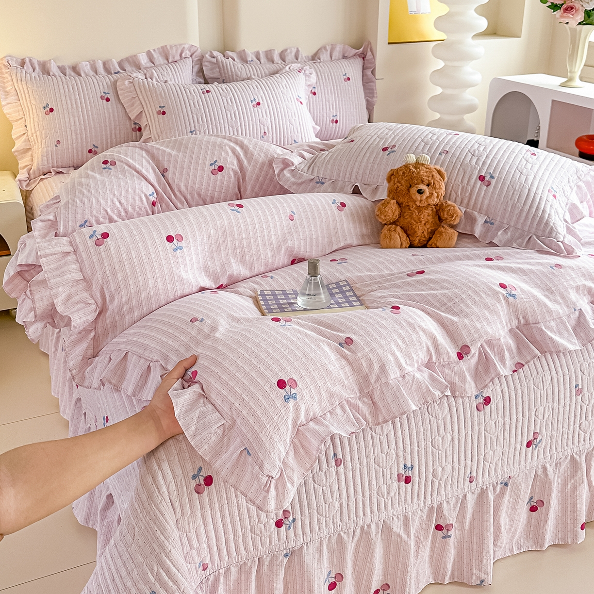 梓之赫 2026春夏新款A类云感木棉双层纱夹棉床盖四件套 浅樱啵啵