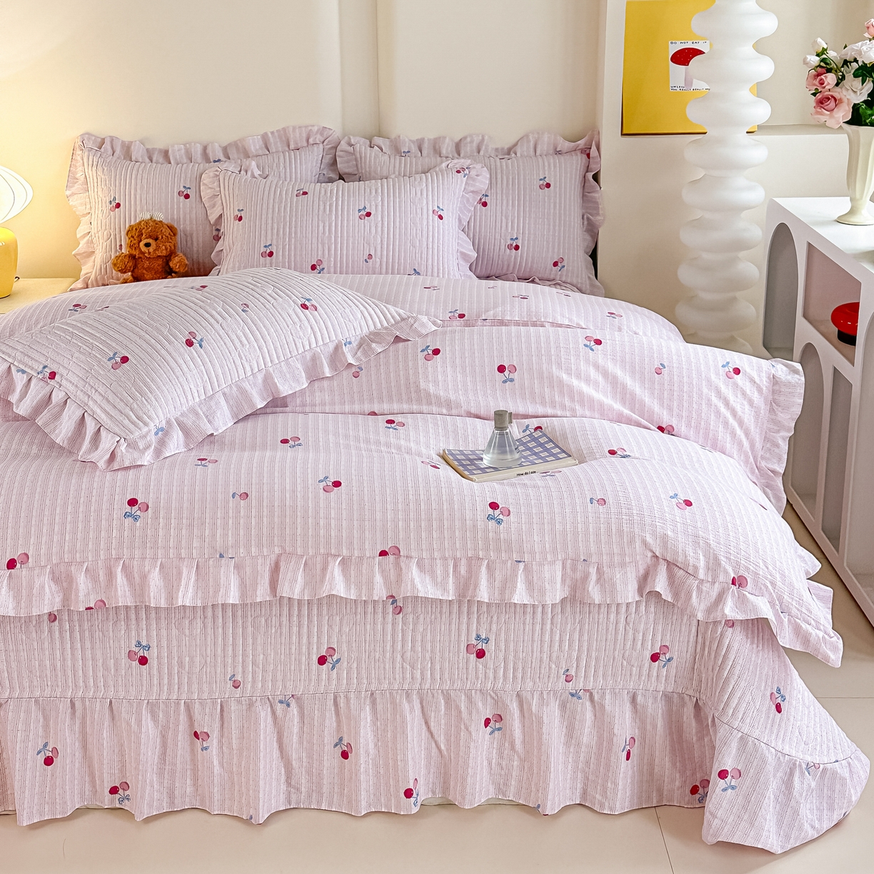 91家纺网 家纺一手货源 找家纺 梓之赫 2026春夏新款A类云感木棉双层纱夹棉床盖四件套 浅樱啵啵