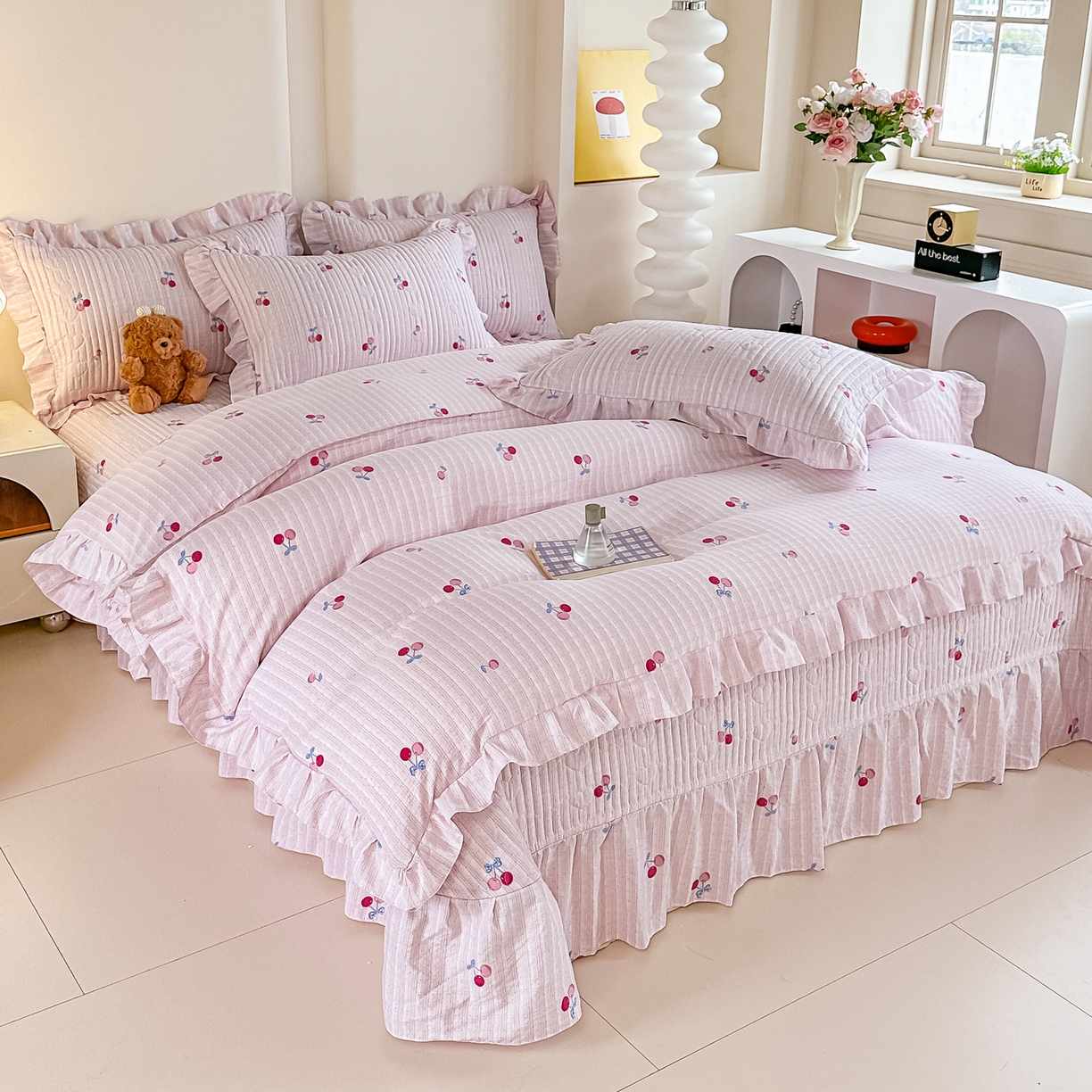 91家纺网 家纺一手货源 找家纺 梓之赫 2026春夏新款A类云感木棉双层纱夹棉床盖四件套 浅樱啵啵