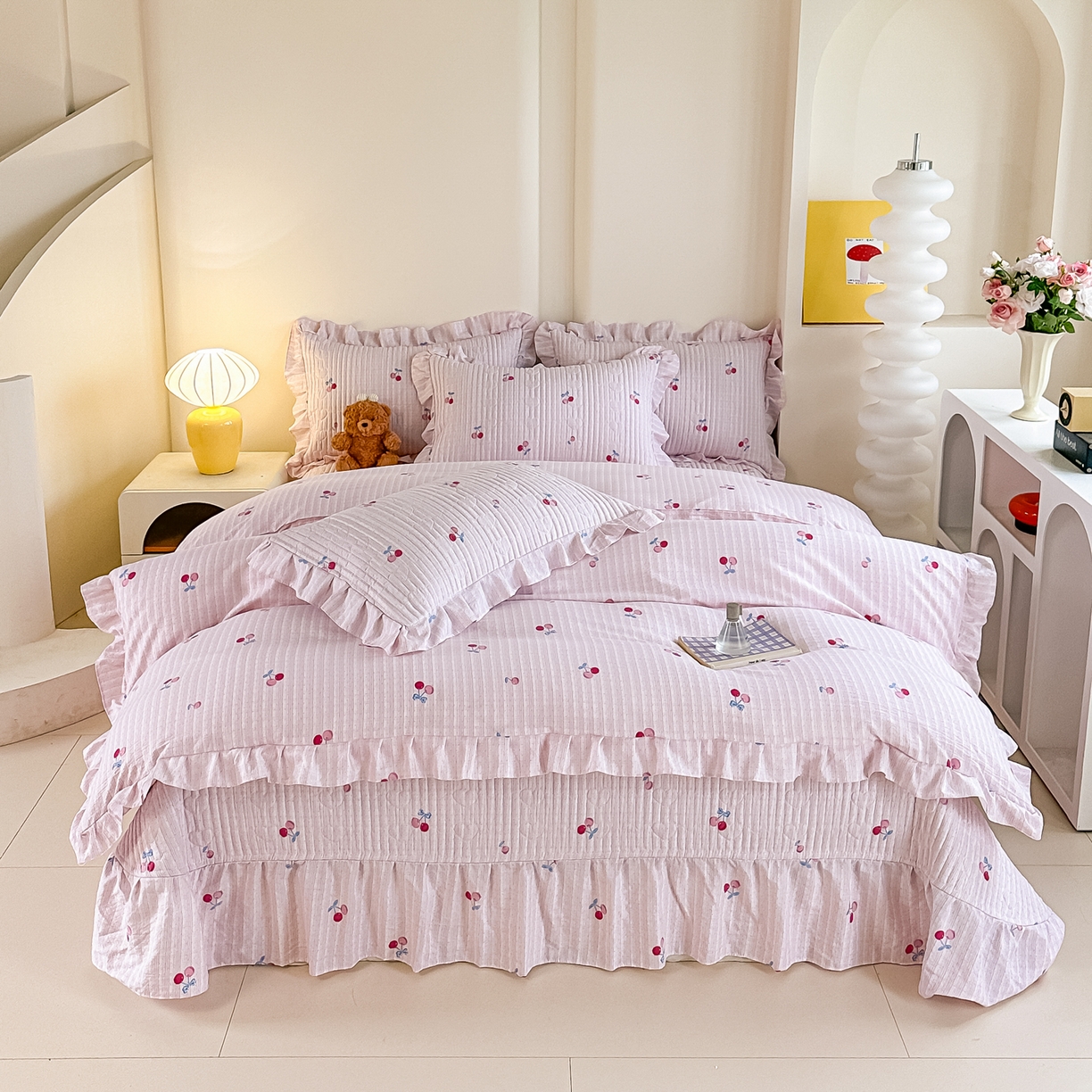 91家纺网 家纺一手货源 找家纺 梓之赫 2026春夏新款A类云感木棉双层纱夹棉床盖四件套 浅樱啵啵