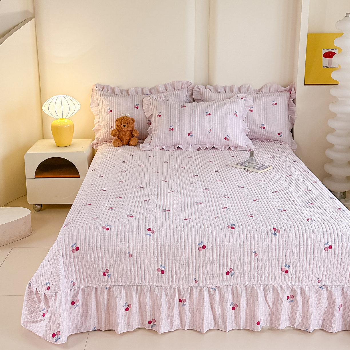 91家纺网 家纺一手货源 找家纺 梓之赫 2026春夏新款A类云感木棉双层纱夹棉床盖四件套 浅樱啵啵