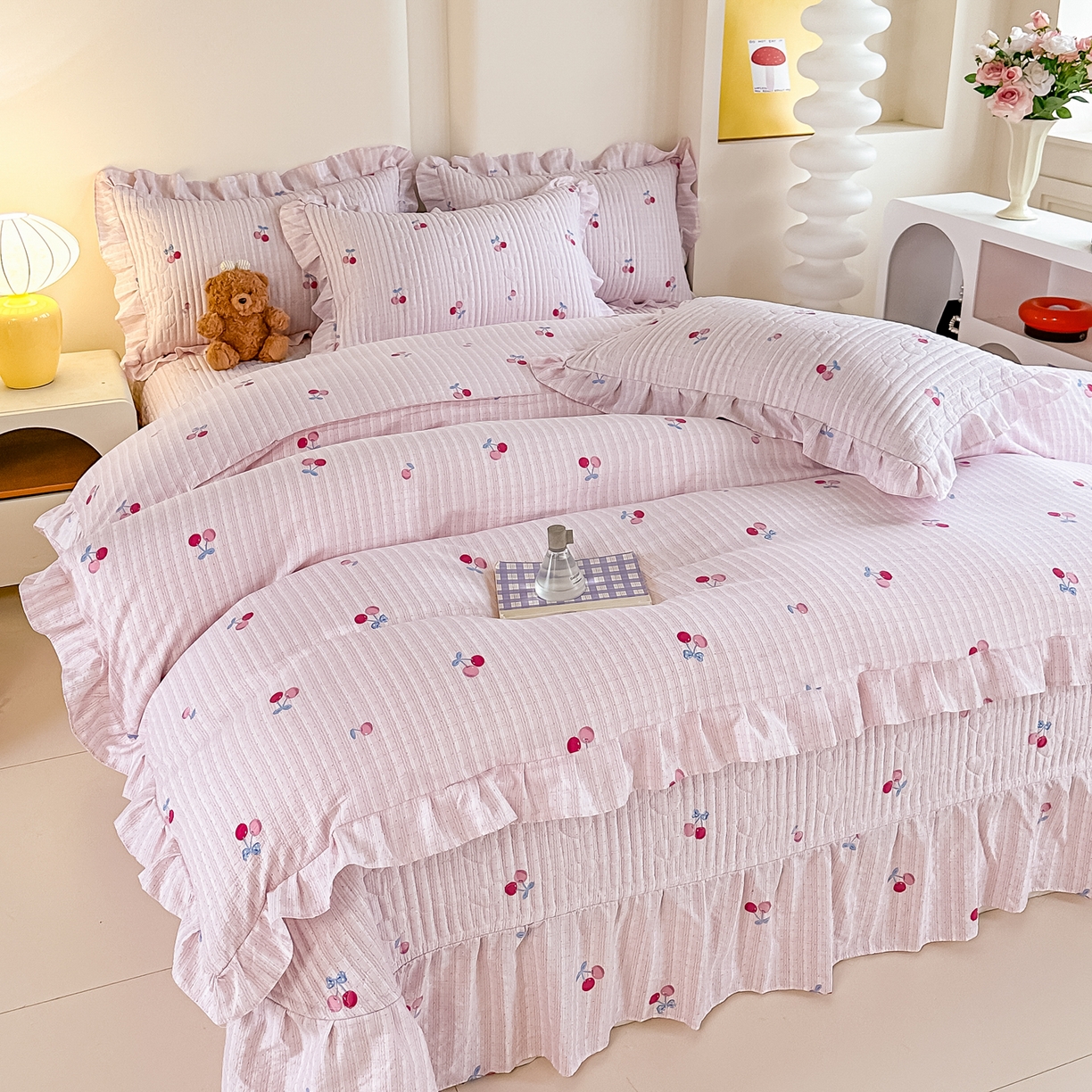 91家纺网 家纺一手货源 找家纺 梓之赫 2026春夏新款A类云感木棉双层纱夹棉床盖四件套 浅樱啵啵