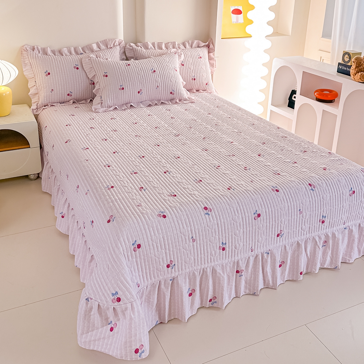 91家纺网 家纺一手货源 找家纺 梓之赫 2026春夏新款A类云感木棉双层纱夹棉床盖四件套 浅樱啵啵