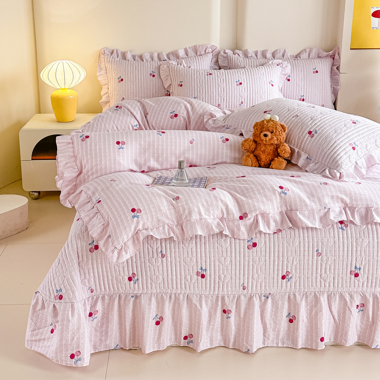 91家纺网 家纺一手货源 找家纺 梓之赫 2026春夏新款A类云感木棉双层纱夹棉床盖四件套 浅樱啵啵