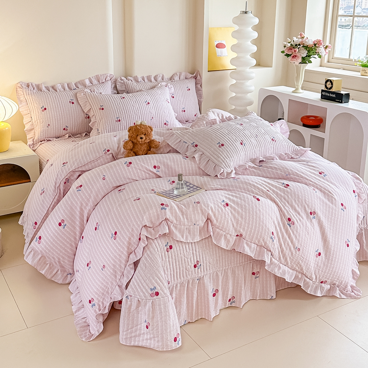 91家纺网 家纺一手货源 找家纺 梓之赫 2026春夏新款A类云感木棉双层纱夹棉床盖四件套 浅樱啵啵