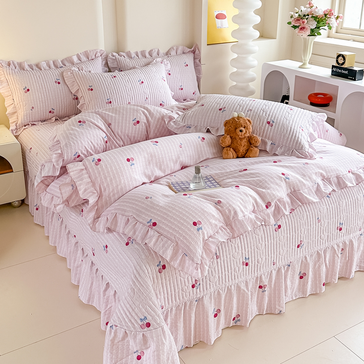 91家纺网 家纺一手货源 找家纺 梓之赫 2026春夏新款A类云感木棉双层纱夹棉床盖四件套 浅樱啵啵