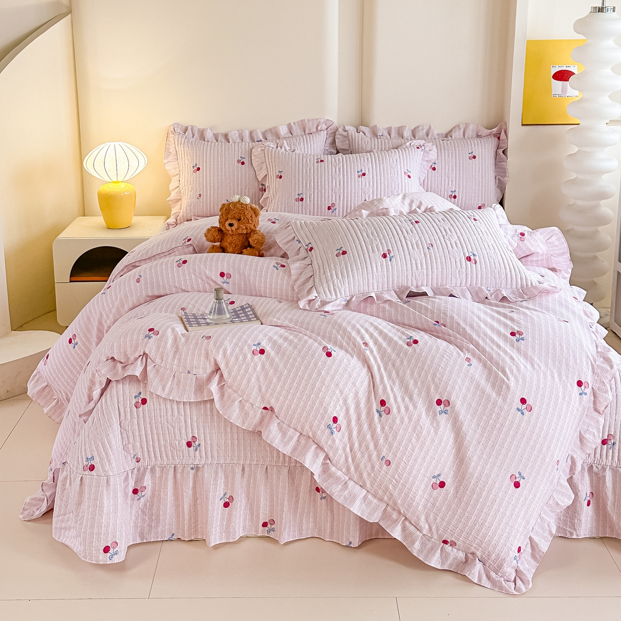 91家纺网 家纺一手货源 找家纺 梓之赫 2026春夏新款A类云感木棉双层纱夹棉床盖四件套 浅樱啵啵