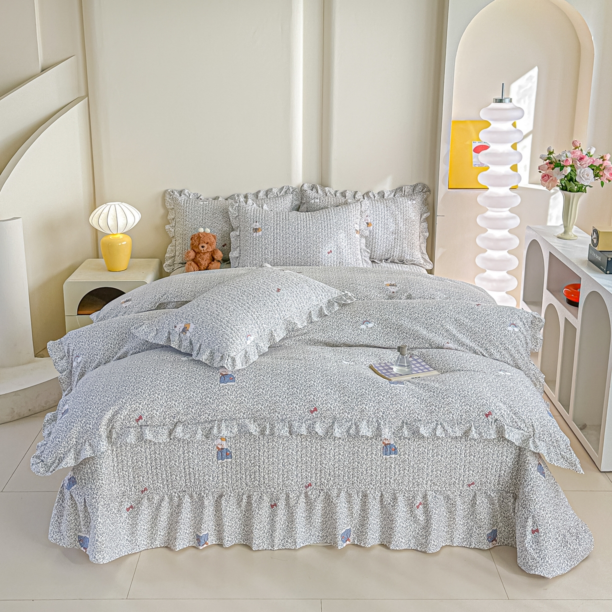 91家纺网 家纺一手货源 找家纺 梓之赫 2026春夏新款A类云感木棉双层纱夹棉床盖四件套 寻觅-浅米