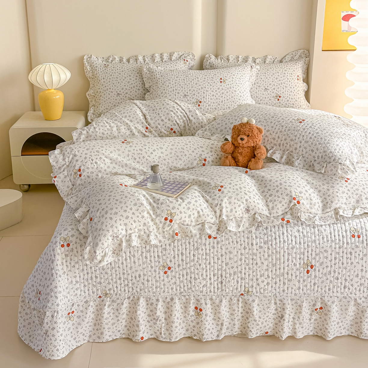 91家纺网 家纺一手货源 找家纺 梓之赫 2026春夏新款A类云感木棉双层纱夹棉床盖四件套 一颗樱桃