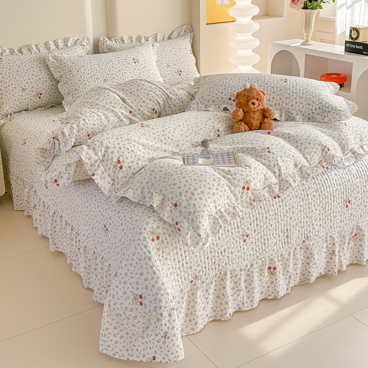 91家纺网 家纺一手货源 找家纺 梓之赫 2026春夏新款A类云感木棉双层纱夹棉床盖四件套 一颗樱桃