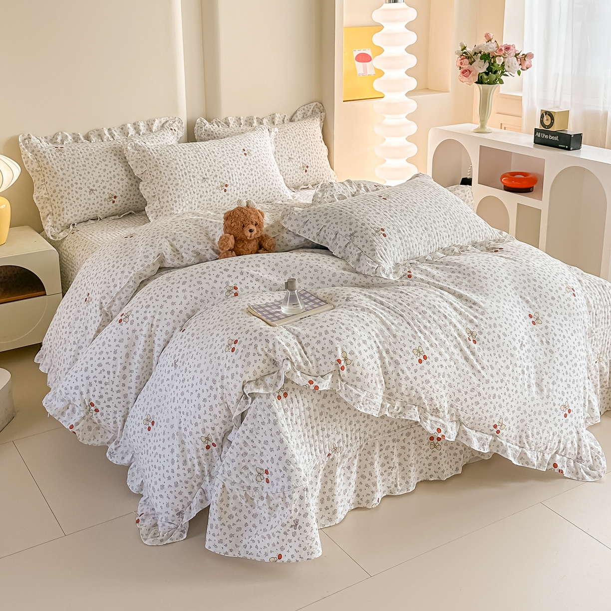 91家纺网 家纺一手货源 找家纺 梓之赫 2026春夏新款A类云感木棉双层纱夹棉床盖四件套 一颗樱桃